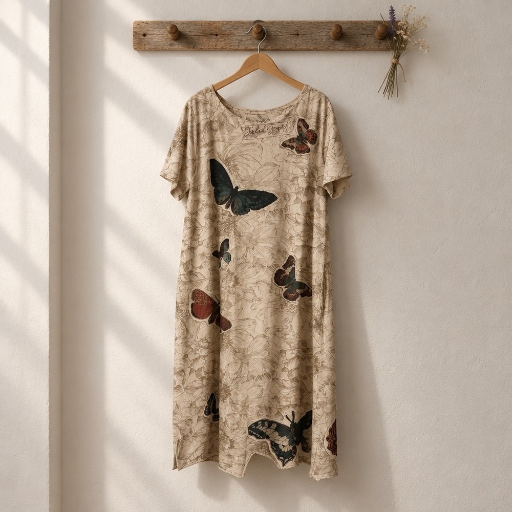Faded Gypsy Butterfly Floral Print T-Shirt Dress Womens OS Cream Boho Midi New - Picture 2 of 6